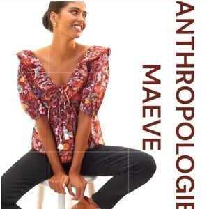 Anthropologie Maeve Jungle Print Peplum Small Top Burgundy Whimsy Cottagecore